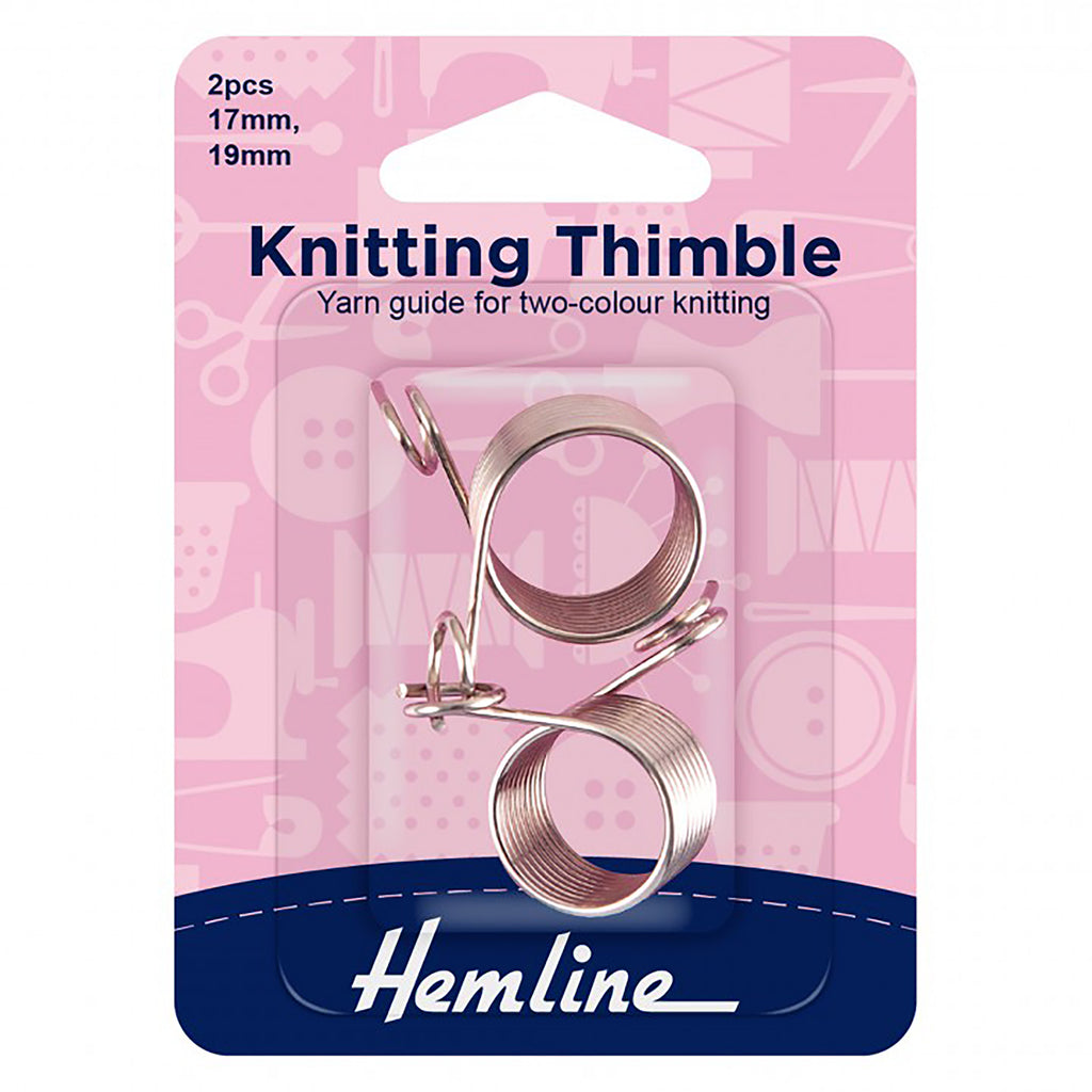 Knitting thimble package with pink background and Hemline branding