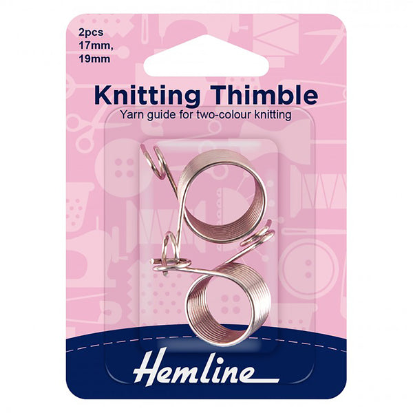 Knitting thimble package with pink background and Hemline branding