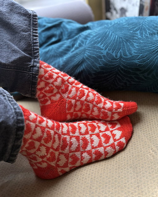 Red and white patterned socks worn by a person sitting on a couch.