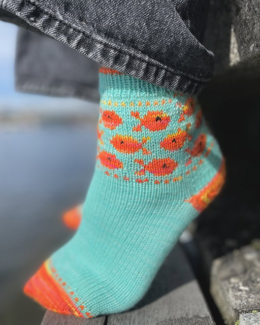 Teal sock with orange fish pattern worn by a person by a body of water.