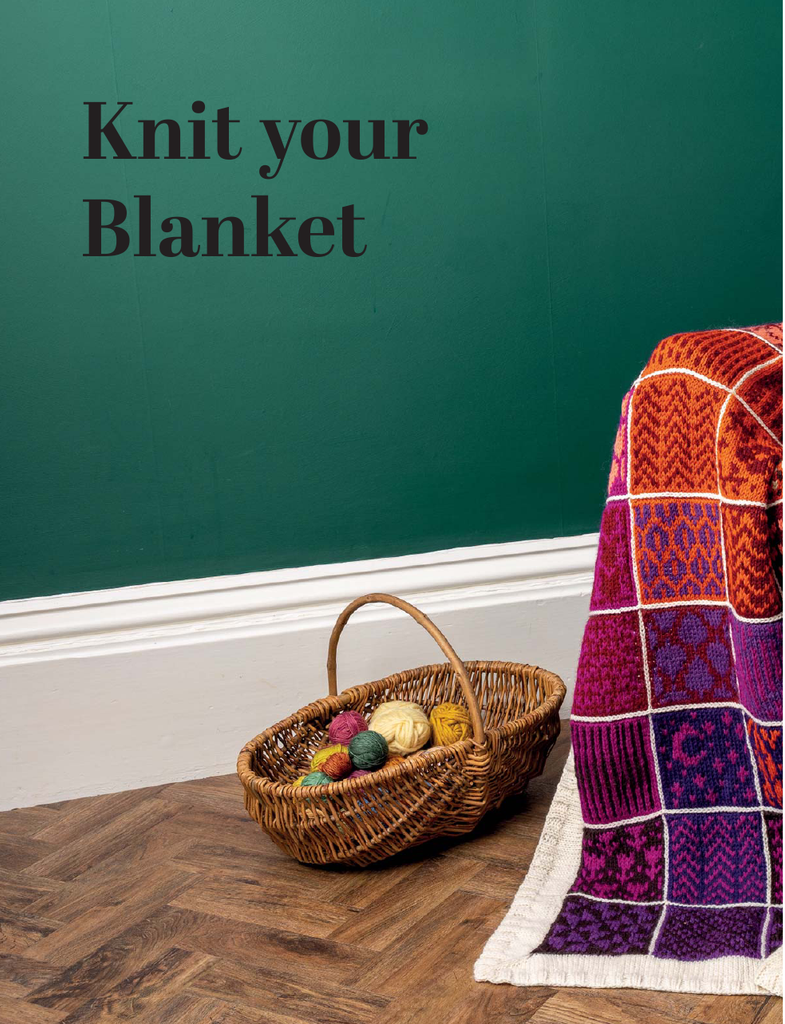A styled promotional scene with a green wall, wood floor, a wicker basket holding colorful yarn balls, and a partially knitted patchwork blanket draped over the right side. Large text at the top reads 'Knit your Blanket'.