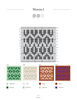 A crochet or knit pattern chart titled 'Woven 1' showing a square woven motif grid with color swatches below. The chart includes labeled color options: light green, cream, orange, and purple, arranged in a grid with headers W44, W48, W4C, and W4D.