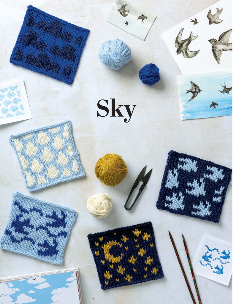 A flat lay of knitted sky-themed swatches in various blue, navy, yellow, and cream patterns, arranged with balls of yarn, knitting needles, scissors, and bird illustrations on a light background. The word 'Sky' is printed in the center.