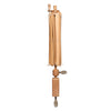 A wooden manual hand crank pump with a long shaft, wooden handle, and metal valve, isolated on a white background.