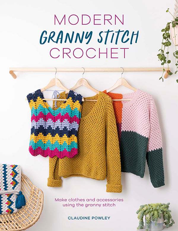 Book cover of 'Modern Granny Stitch Crochet' with colorful crochet items on a rack.