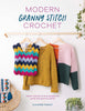 Book cover of 'Modern Granny Stitch Crochet' with colorful crochet items on a rack.