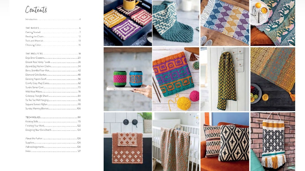 A printed table of contents page from a knitting or crochet book, with the title 'Contents' on the left and a grid of small photos showing colorful knitted blankets, scarves, pillows, and garments on the right.