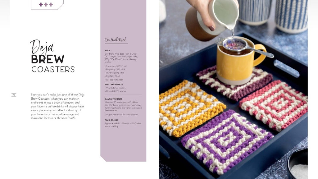 A printed recipe-style spread for 'Deja Brew Coasters' shows the left page with text and the right page with a hand pouring liquid over a yellow mug placed on crocheted coasters on a tray.