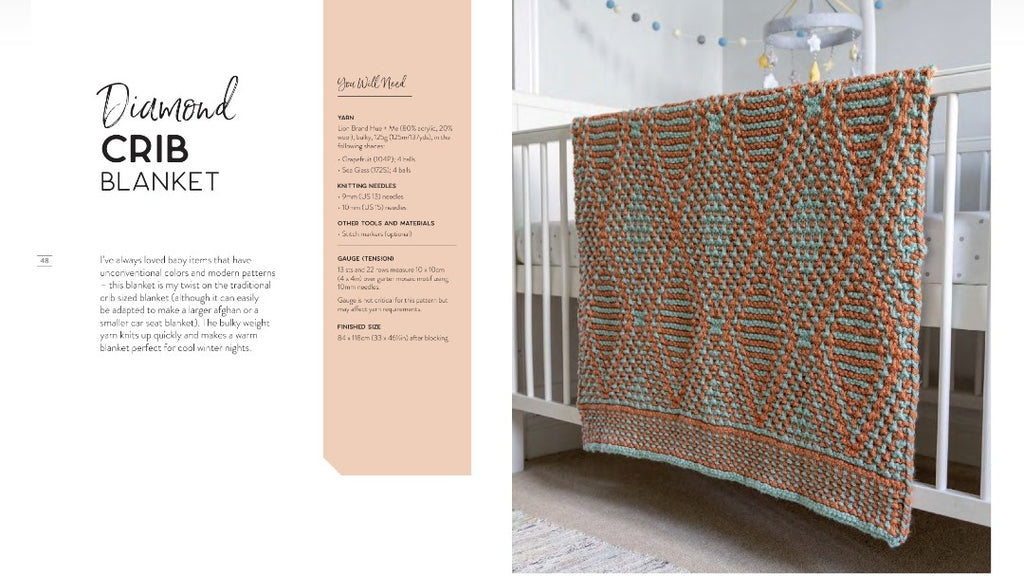 A crochet crib blanket with a geometric pattern in orange, teal, and cream, draped over a white baby crib. The left side of the image features a printed recipe card titled 'Diamond Crib Blanket' with ingredients, instructions, and a yield of 12.