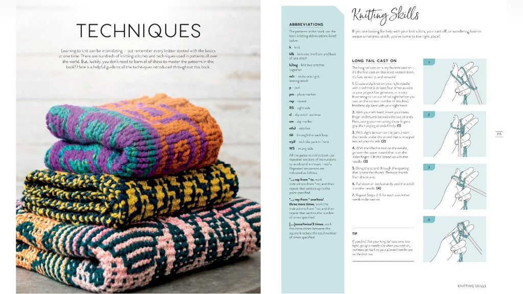 An open booklet or book spread showing knitting techniques and skills. The left page has the heading 'TECHNIQUES' and a stack of colorful knitted blankets or scarves on a light wood surface.