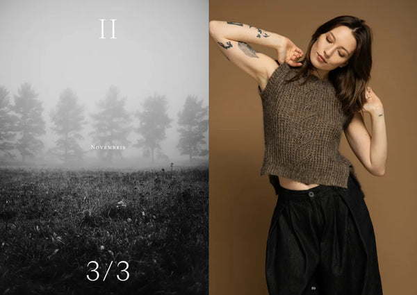 Woman in a textured top and black pants against a brown background, with a foggy landscape on the left.