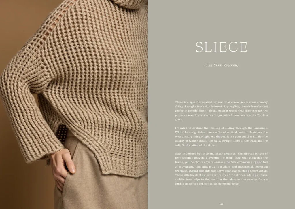 Beige knitted sweater worn by a person on a brown background with text overlay.