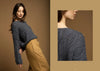 Woman wearing a textured sweater with a close-up of the sweater's pattern on a brown background