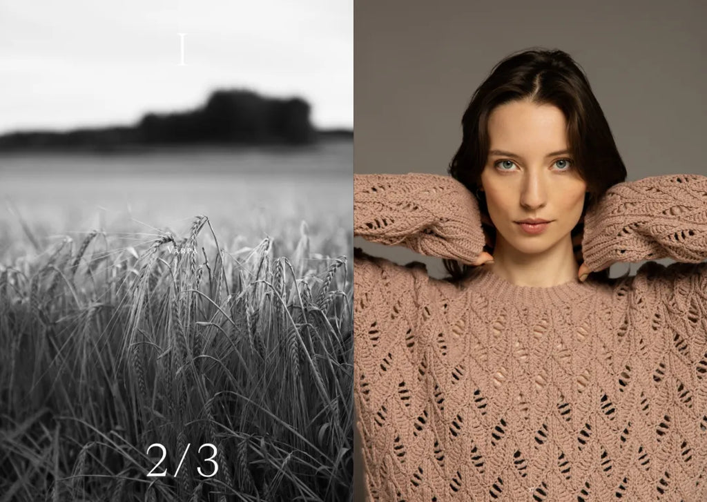 Split image with a black and white landscape on the left and a person wearing a pink knitted sweater on the right.
