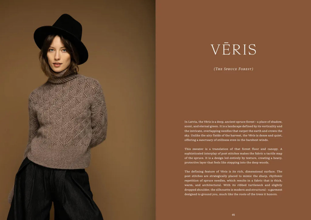 Woman wearing a brown sweater and black hat against a brown background with 'Véris' branding.