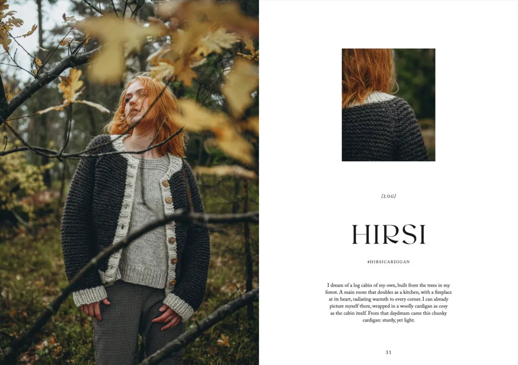 Person wearing a knitted cardigan in a forest setting with 'HIRСI' branding.
