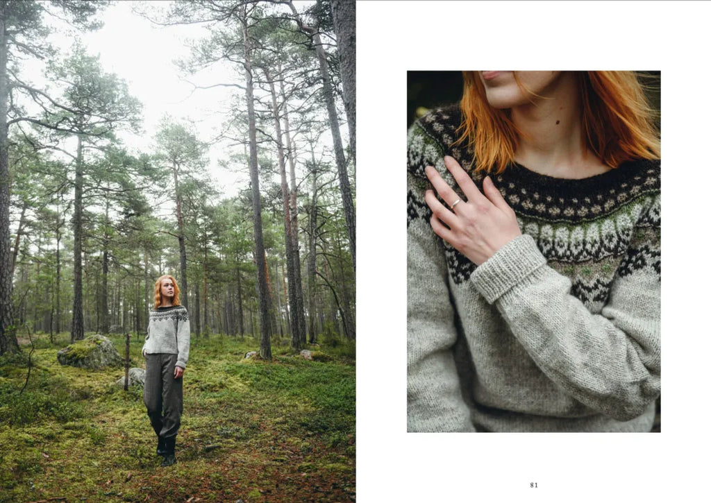 Woman in a forest with a close-up of her wearing a patterned sweater.