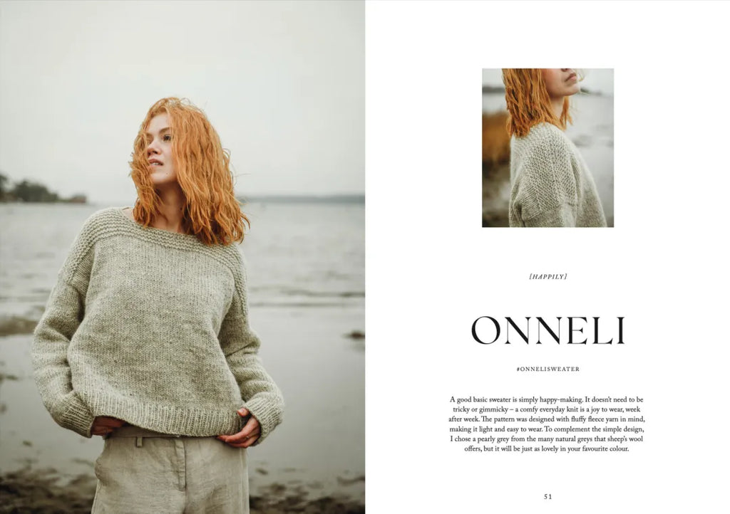 Woman wearing a sweater by a body of water with 'Onneli' branding.