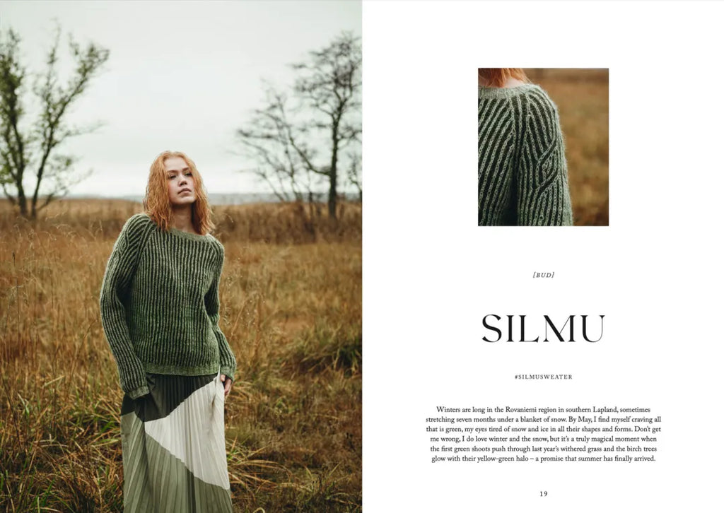 Woman wearing a green sweater in a field with 'SILMU' branding.