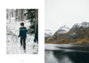 Two scenic images: one of a person walking in a snowy forest, the other of a mountain lake with snow-capped peaks.