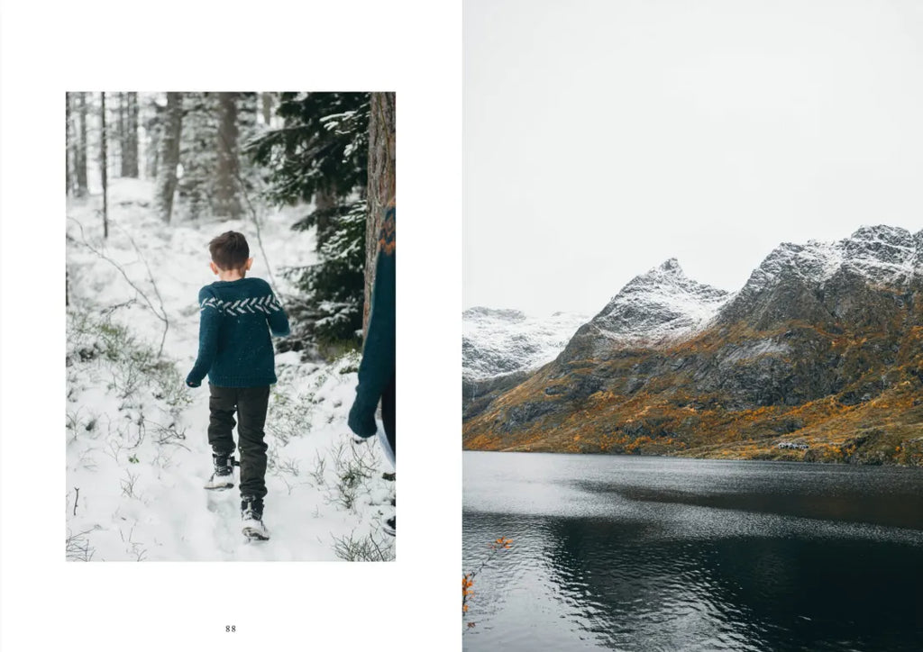 Two scenic images: one of a person walking in a snowy forest, the other of a mountain lake with snow-capped peaks.