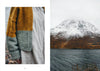Knitted sweater with color-blocked design next to a mountain landscape.