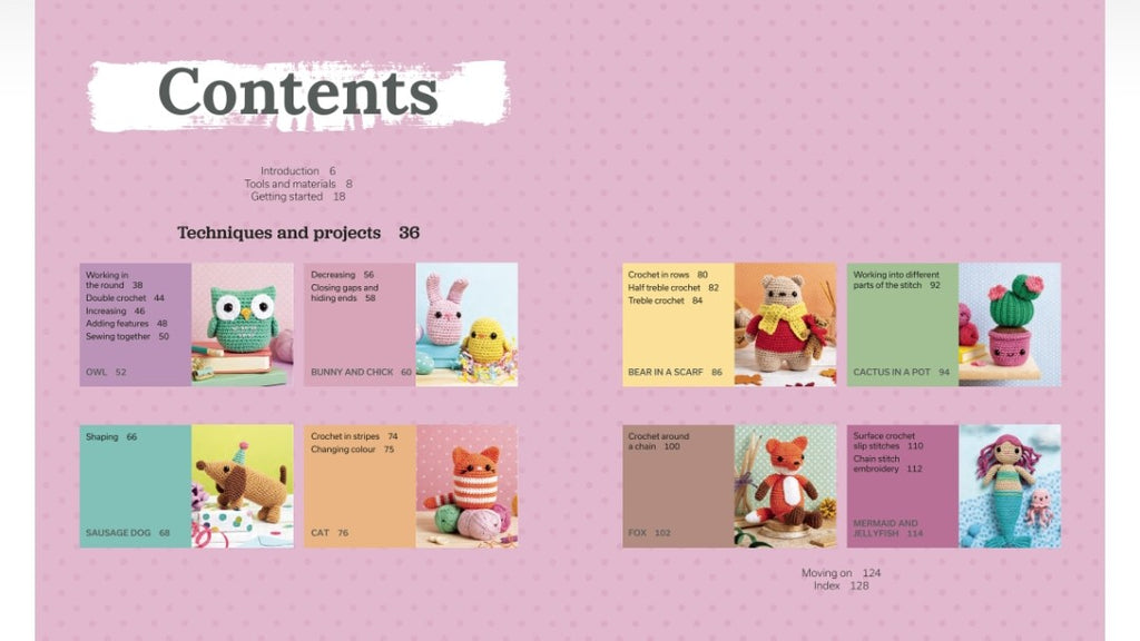 A pink book or booklet page titled 'Contents' showing a preview of multiple small colorful project thumbnails with text labels such as 'Techniques and projects' and '38'. This is not a clean product photo of a physical item in use, and it functions as an informational page rather than a measurement chart, color swatch, or instruction diagram, so the best fit is Other.