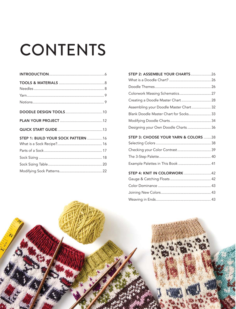 A printed book or booklet page showing the contents layout with the title 'CONTENTS' in large black text at the top and multiple columns of page numbers and chapter headings below. The lower portion includes a photo of colorful yarn balls and knitted fabric swatches arranged on a surface.