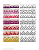A knitting pattern page showing seven geometric border stitch patterns labeled BORDER GEOMETRIC 1 through 7, each with a color sample and a corresponding gray numeric chart on the right.