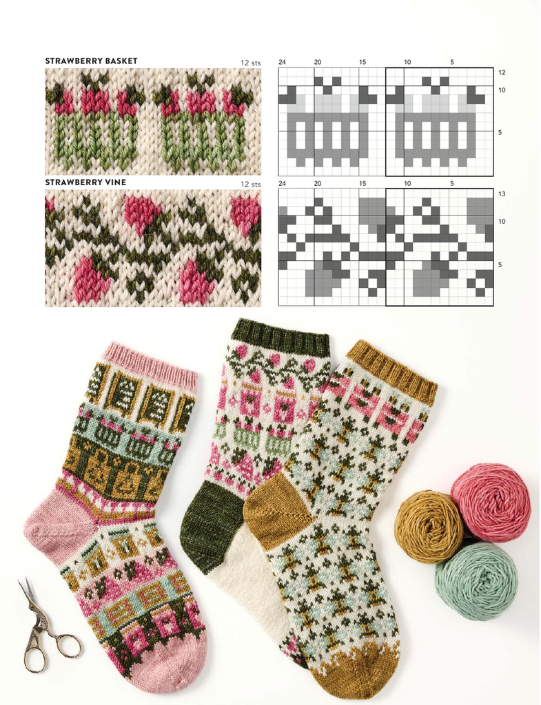 Knitted socks with floral and geometric patterns displayed alongside color swatches, knitting pattern charts, scissors, and balls of yarn on a white background.