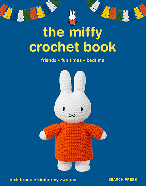 Book cover of 'The Miffy Crochet Book' with a crocheted Miffy toy on a blue background.