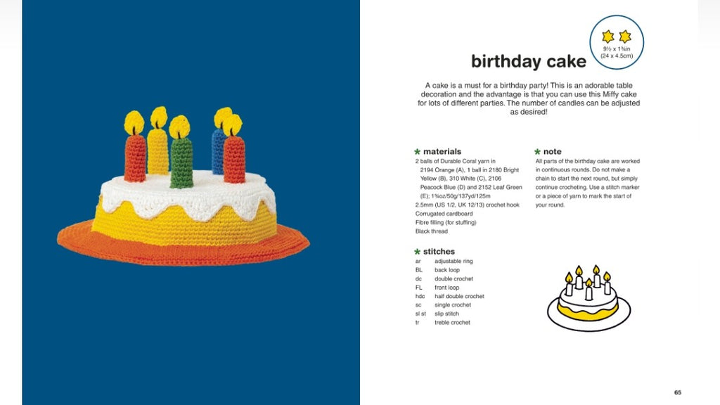 A two-page knitting pattern booklet spread showing a crocheted cake with colorful candles on the left, and text describing the project, materials, stitches, and a small diagram on the right.