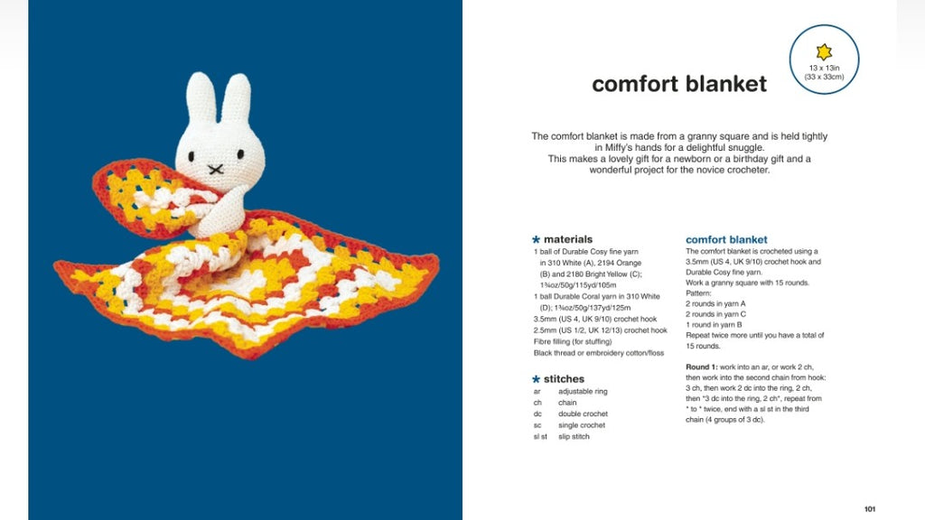 A two-page craft instruction sheet showing how to make a comfort blanket. The left page features a finished example of the cozy, striped multicolor blanket with a white plush bunny, set against a dark blue background.