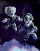 Two crocheted dork-like character dolls floating against a dark purple background with soft blue cloud-like shapes at the bottom.