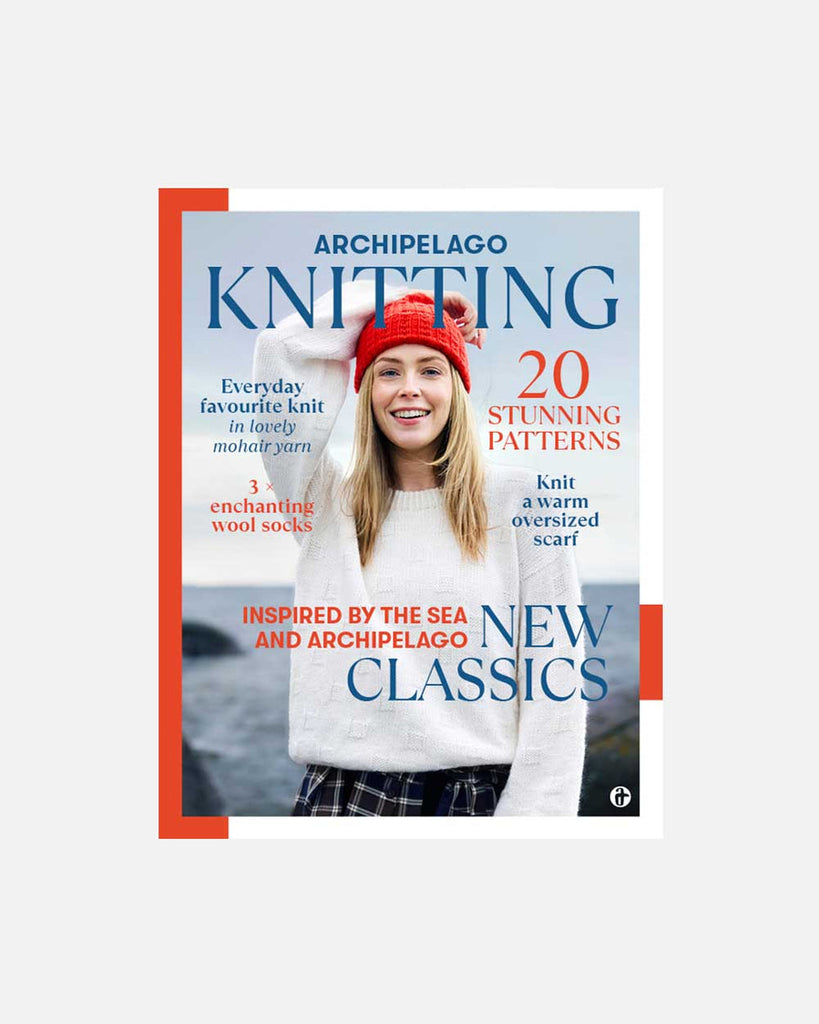 Book cover of 'Archipelago Knitting' with a woman wearing a red hat and white sweater.