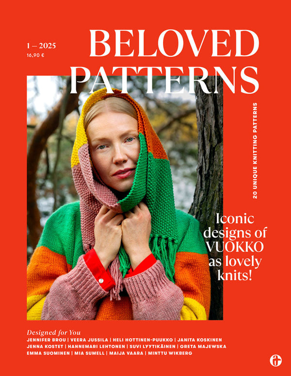 Magazine cover of 'Beloved Patterns' with a person wearing colorful knitted items against a natural background.