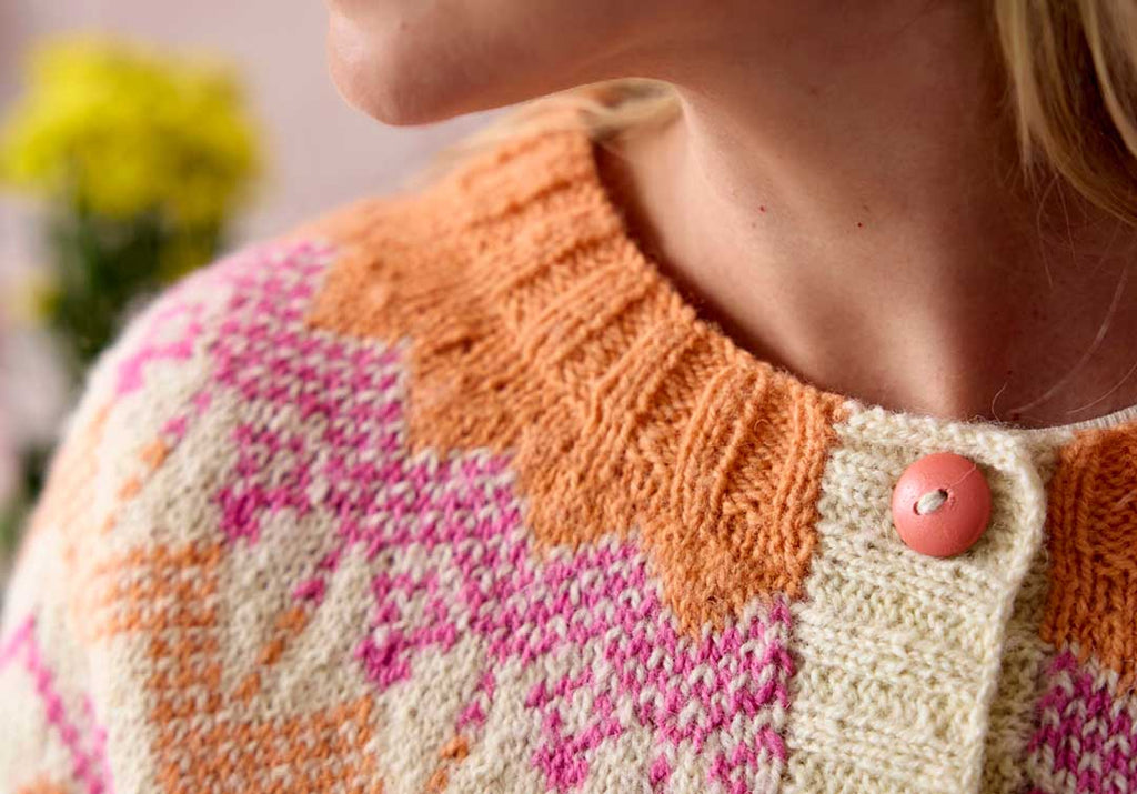Close-up of a person wearing a colorful knitted sweater with a pink button.