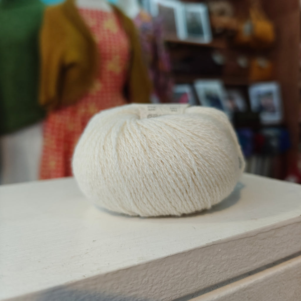 Ball of yarn on a wooden surface with a blurred background