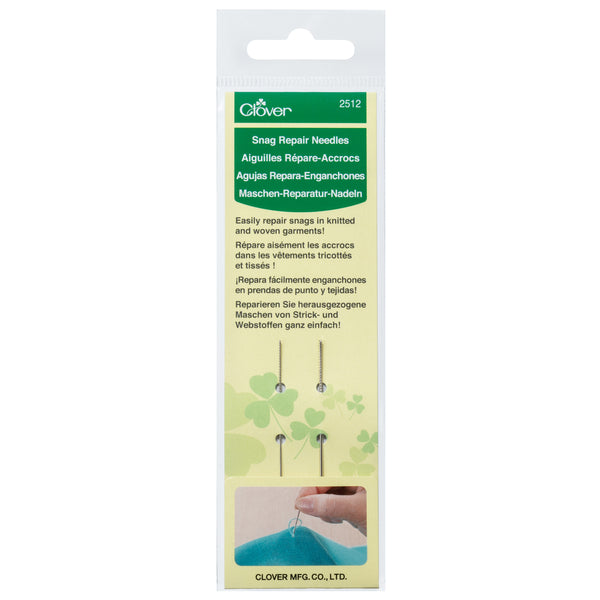 Clover snag repair needles packaging with text and images on a white background