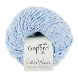 Ball of light blue yarn with a Gepard label on a white background