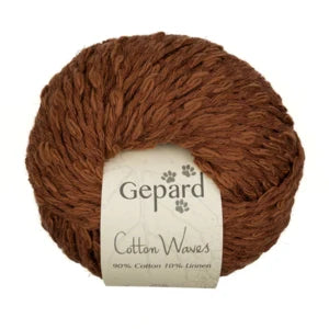 Brown skein of yarn with 'Gepard Cotton Waves' label on a white background