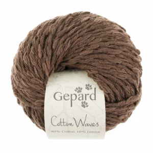 Ball of brown yarn with a 'Gepard Cotton Waves' label on a white background