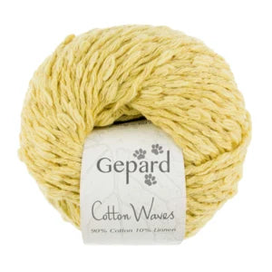 Yellow yarn ball with a Gepard label on a white background