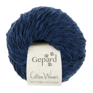 Ball of blue yarn with a Gepard label on a white background