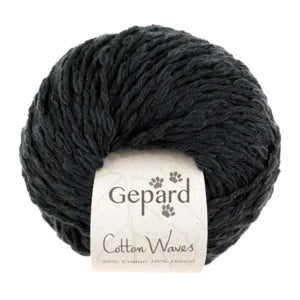Ball of black yarn with a 'Gepard Cotton Waves' label on a white background