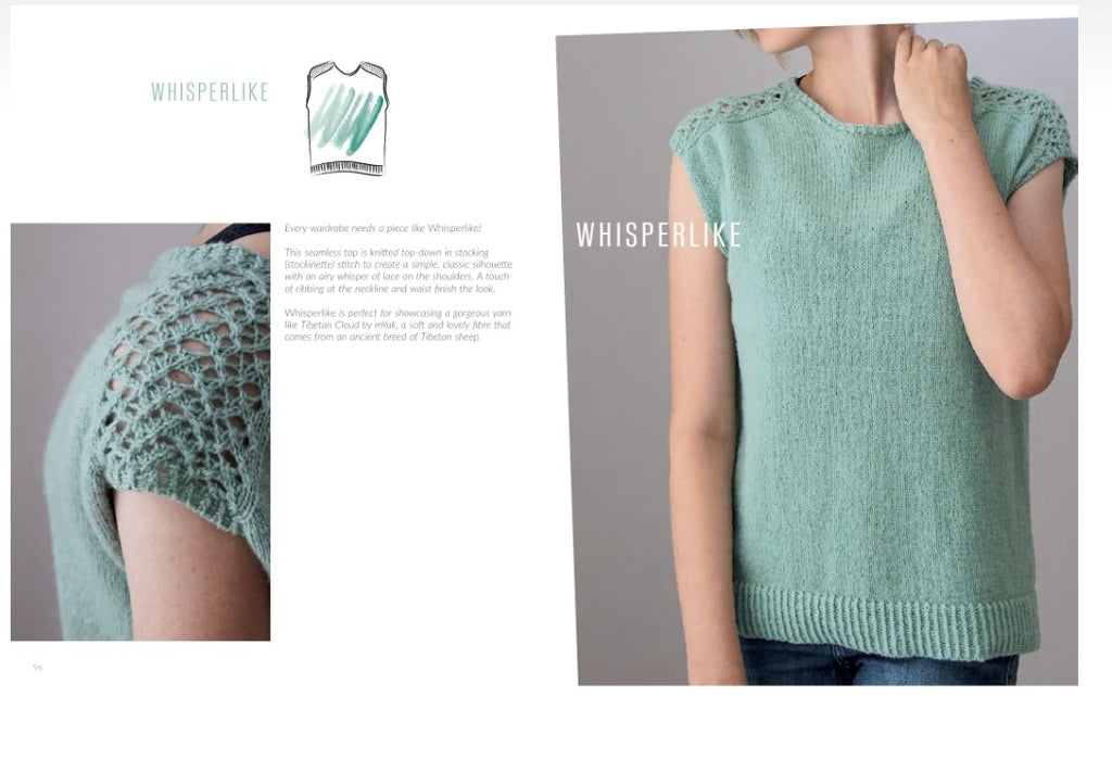 Green knitted top worn by a person with 'Whisperlike' branding on a gray background