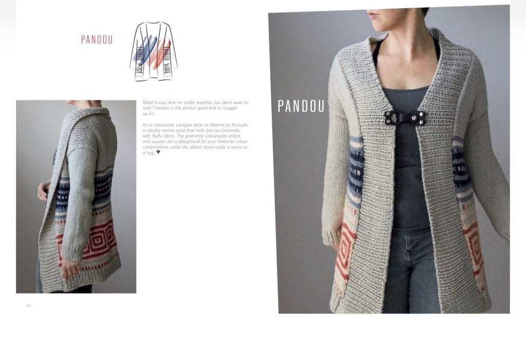 Knitted cardigan with patterned sleeves displayed on a person against a gray background, featuring the brand 'PANDOU'.