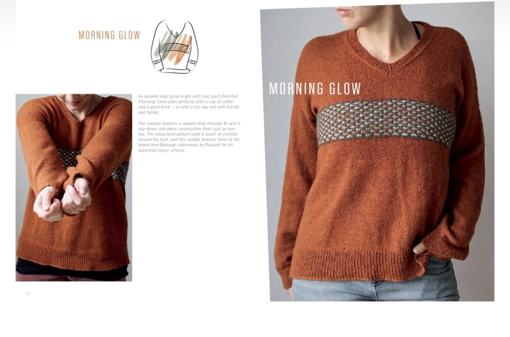 Brown sweater with 'Morning Glow' text and pattern on a gray background