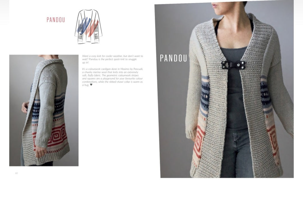 Gray cardigan with patterned sleeves worn by a person, displayed against a neutral background.