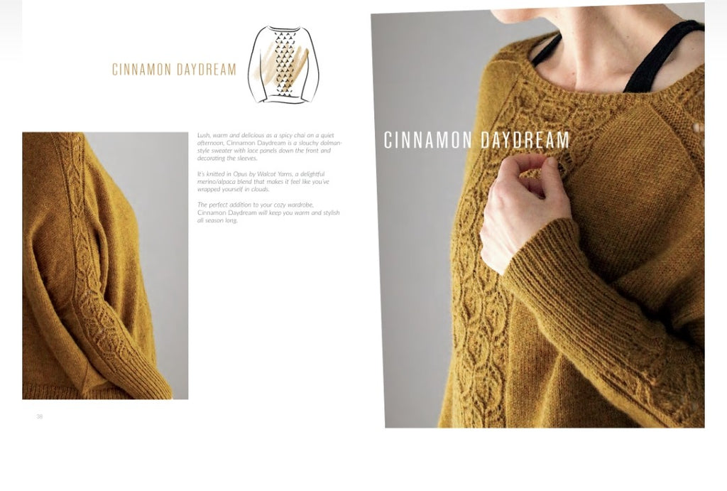 Person wearing a mustard yellow sweater with 'Cinnamon Daydream' text and design on a gray background
